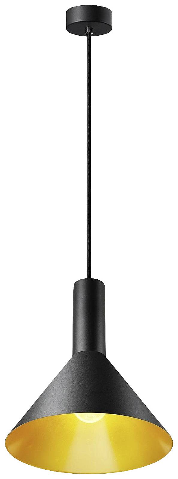 A modern, black pendant light with a conical shade that reflects gold on the inside. Suspended from a long, black cable.