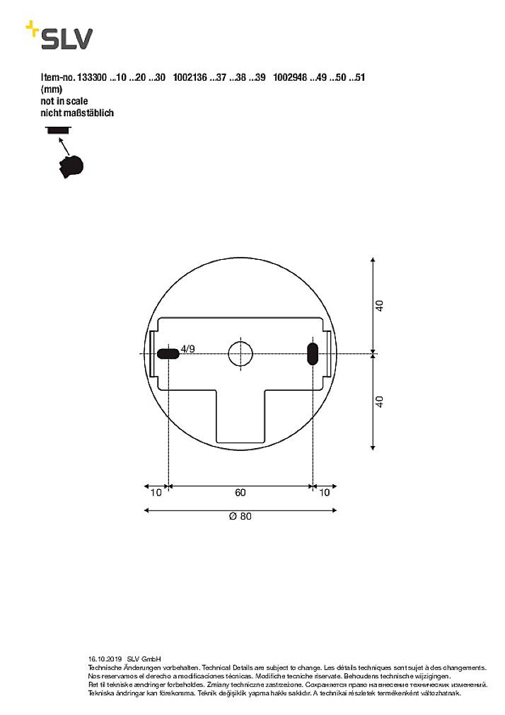 Technical drawing of a circular device with dimensions in millimetres, company logo and name at the top, scale not to scale.