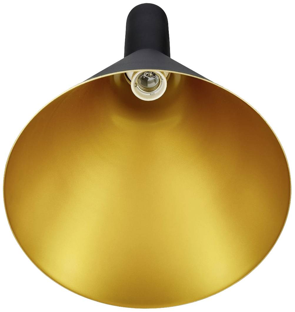 Modern lamp with a conical design, black on the outside, gold on the inside. The light bulb is centrally positioned and illuminates the golden surface.