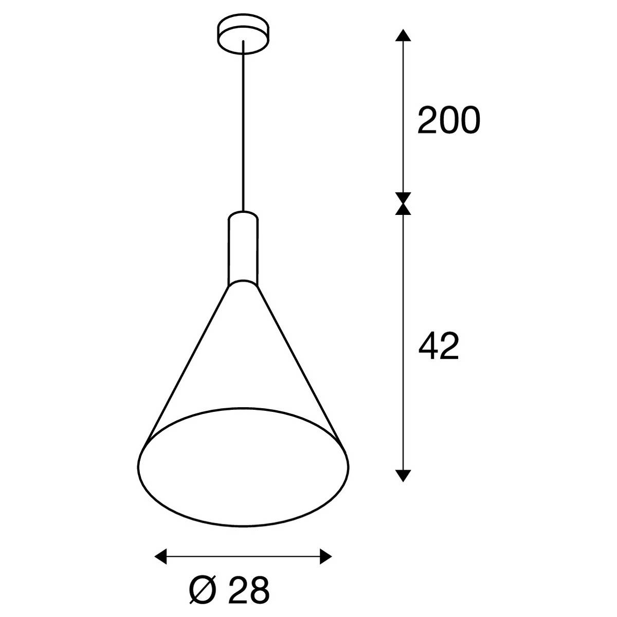 A pendant light with a conical shade. Total height: 200 cm. Shade height: 42 cm. Diameter: 28 cm.