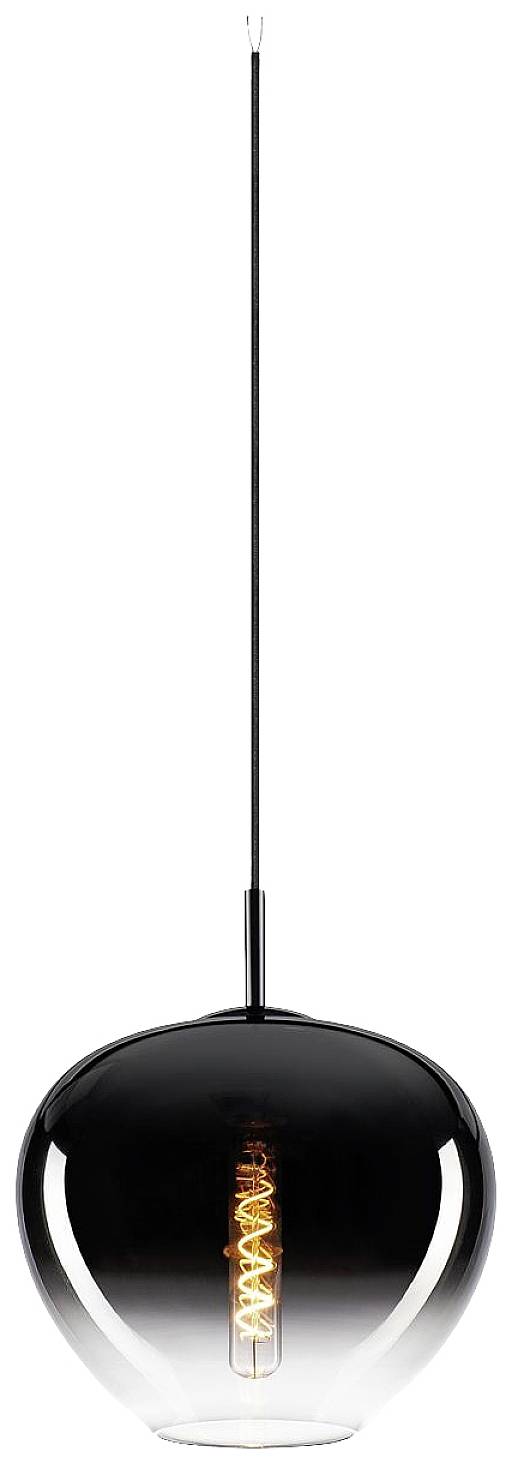 A contemporary pendant light with a black and transparent glass shade and visible light bulb, radiating a warm glow.