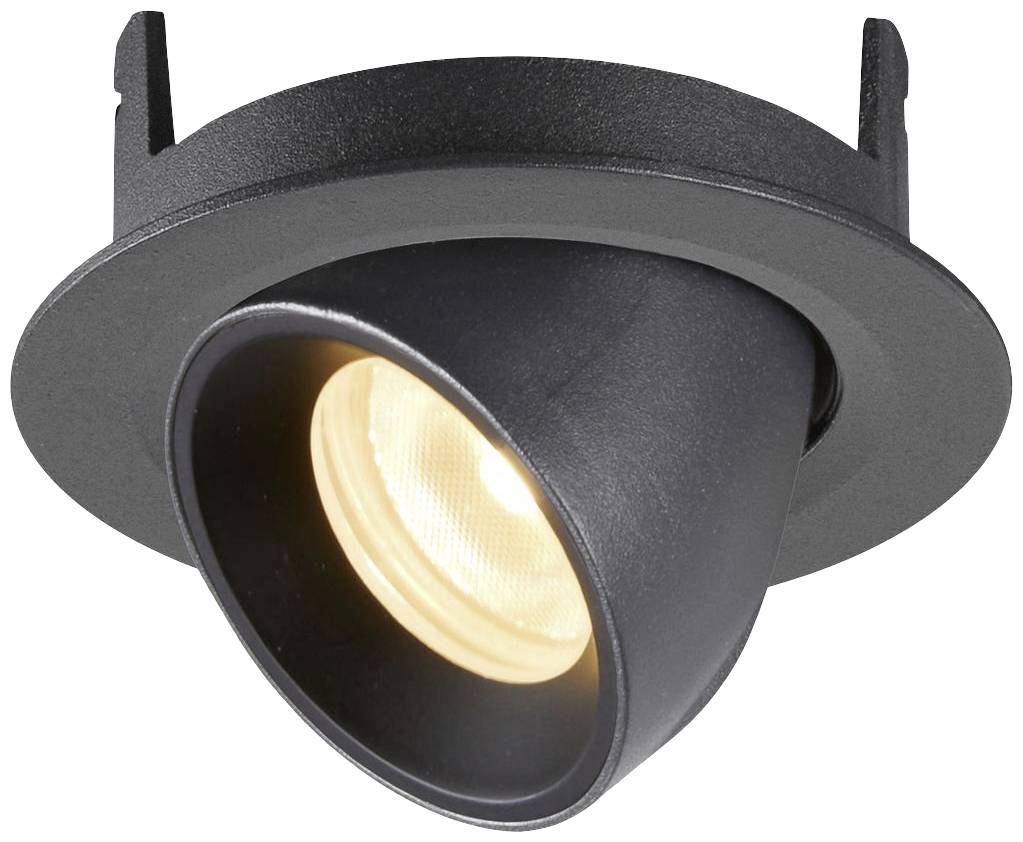 Black LED recessed ceiling spotlight with adjustable head and warm light beam; suitable for interior lighting.