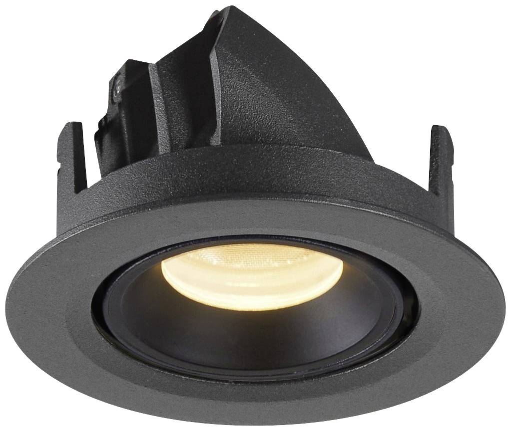 Black recessed light with a round frame and warm white light beam, suitable for interior lighting.