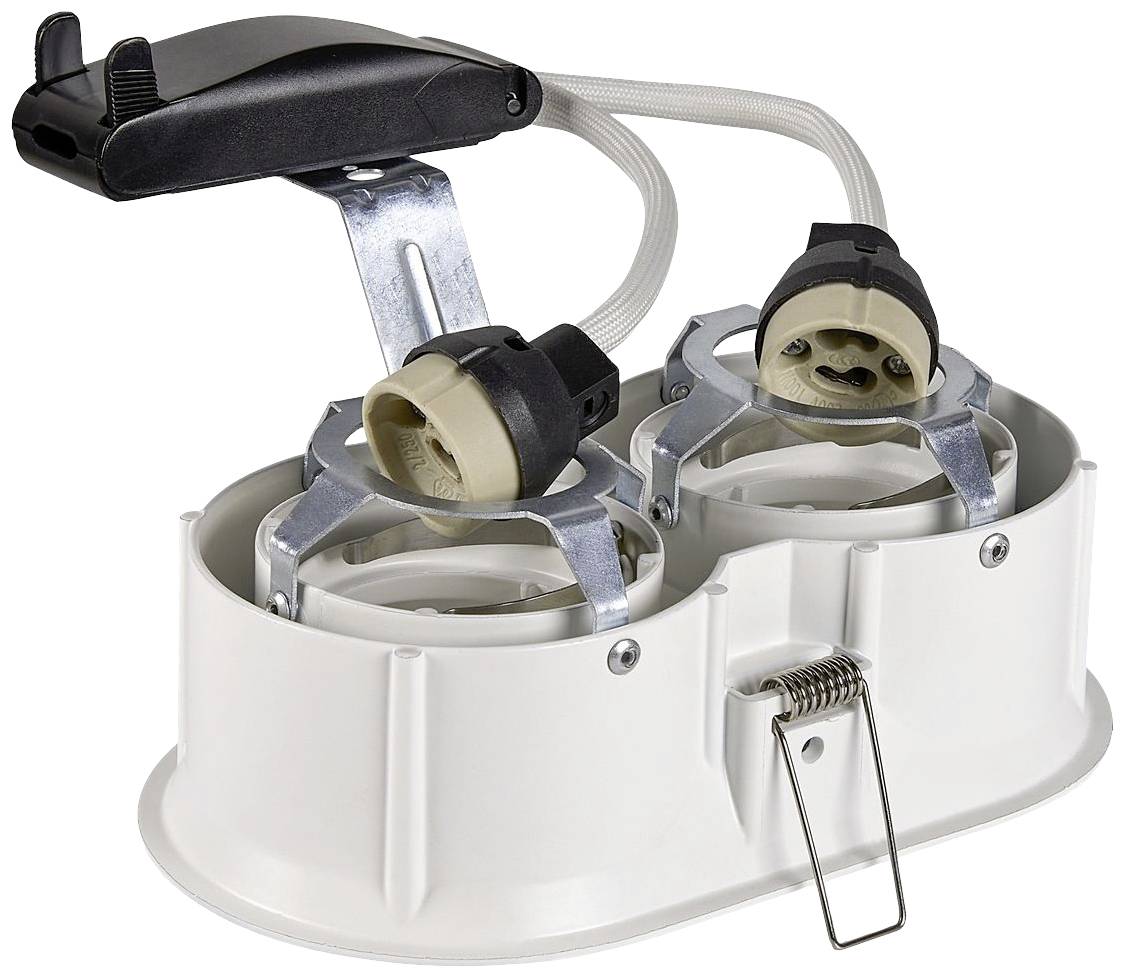 Recessed light fitting with two lamp holders and metal clips, suitable for ceiling mounting; electrical cables included.