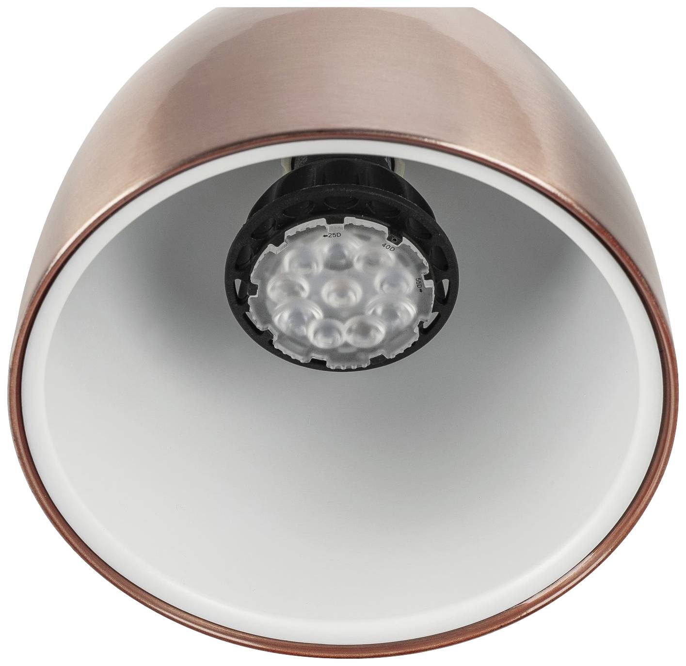 Copper-coloured lamp fitting with a visible LED light source in the centre. The fitting has a round, funnel-shaped form.