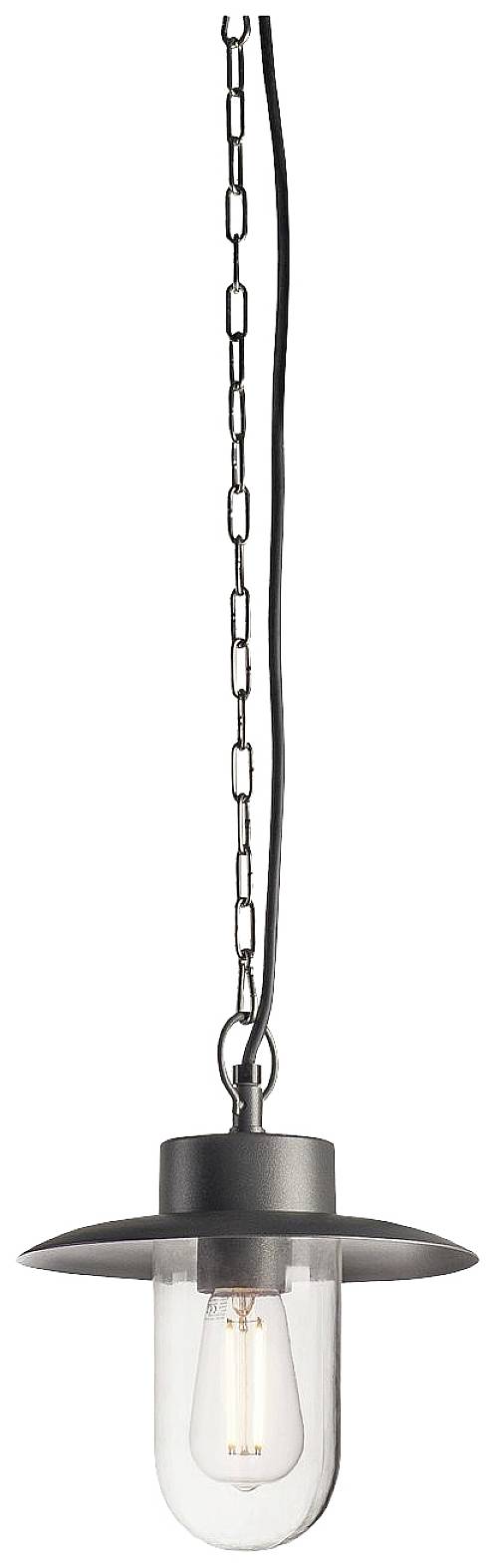 A pendant light with a glass shade and metal chain, encasing a vintage light bulb.