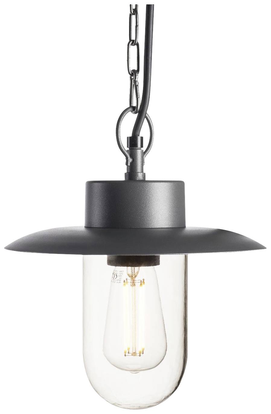 A black pendant light with an exposed bulb style, suspended from a metal chain.