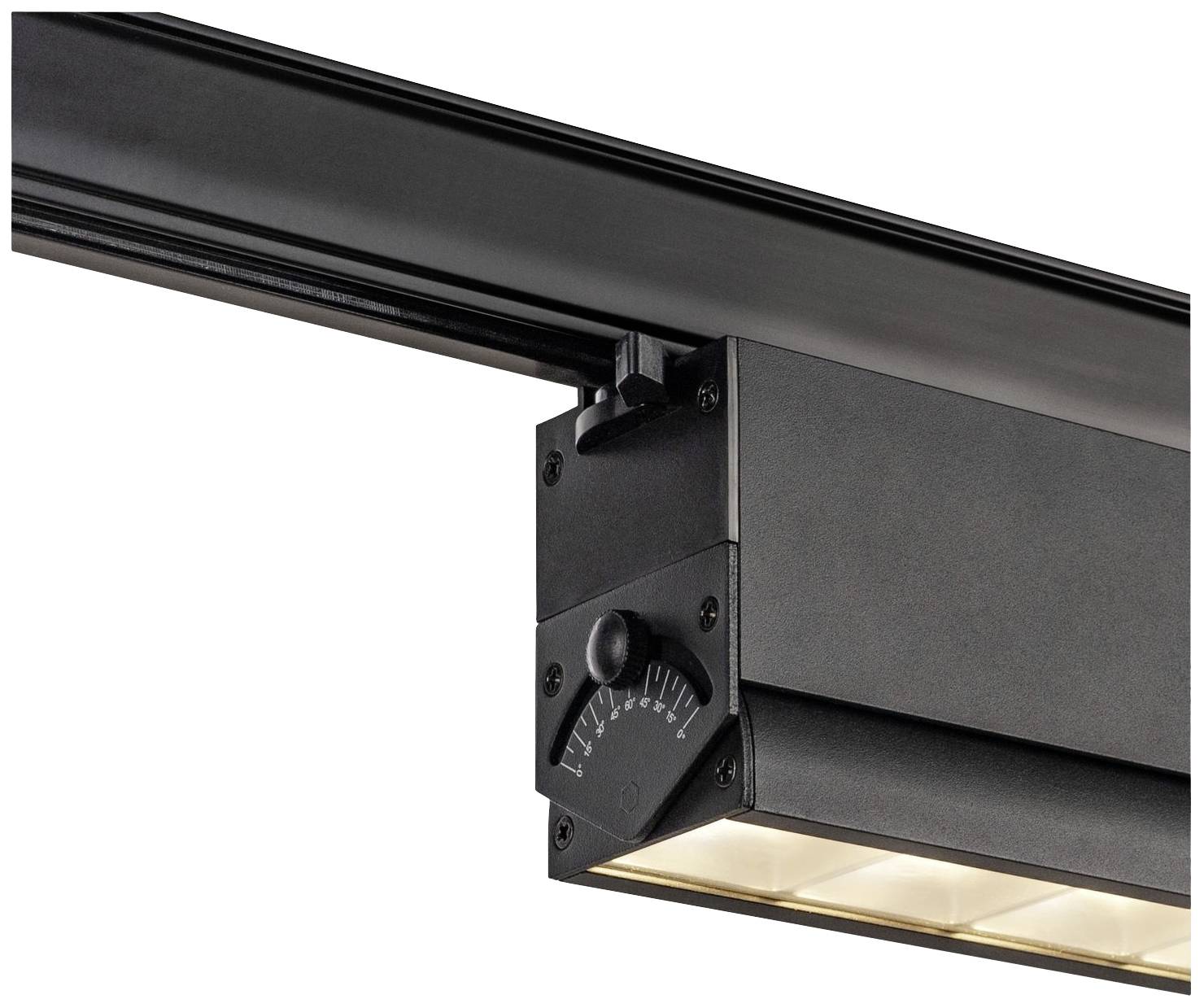 A black ceiling light with an adjustable dimmer and multiple small LED lights, mounted on a track.