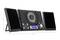 Compact black stereo system with two speakers, central CD player and LCD display. Dimensions: 47.5 cm wide, 18 cm high, 6.2 cm deep.