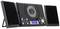 A compact hi-fi system with a CD player in the centre and two removable speakers on either side.