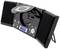 Black stereo system with open CD player compartment and two speakers. LCD display and control buttons visible at the front.