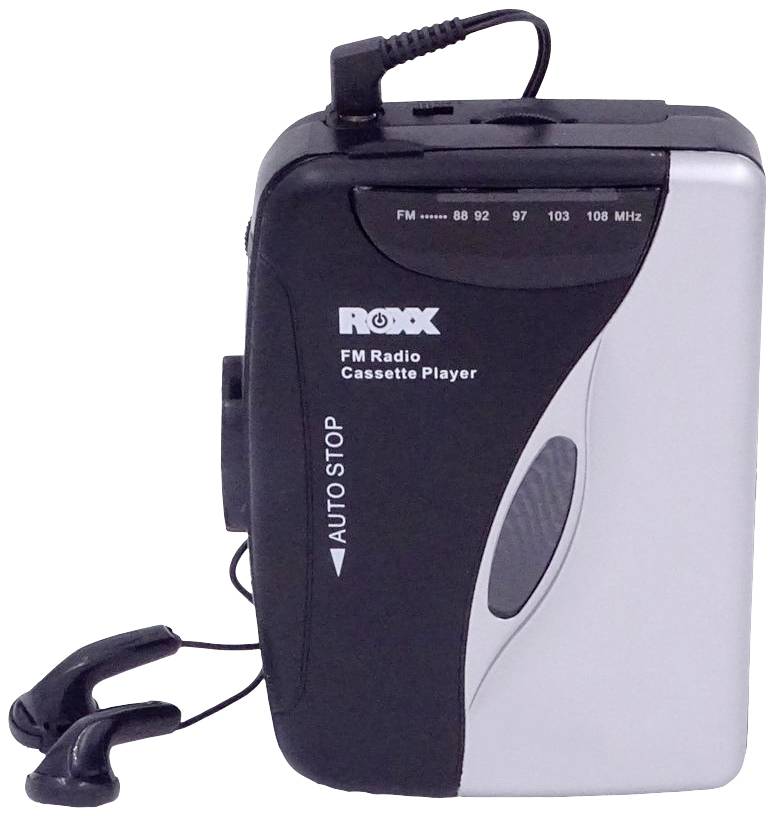 A portable cassette player with FM radio, black casing, headphone socket and automatic stop function, alongside a pair of earphones.
