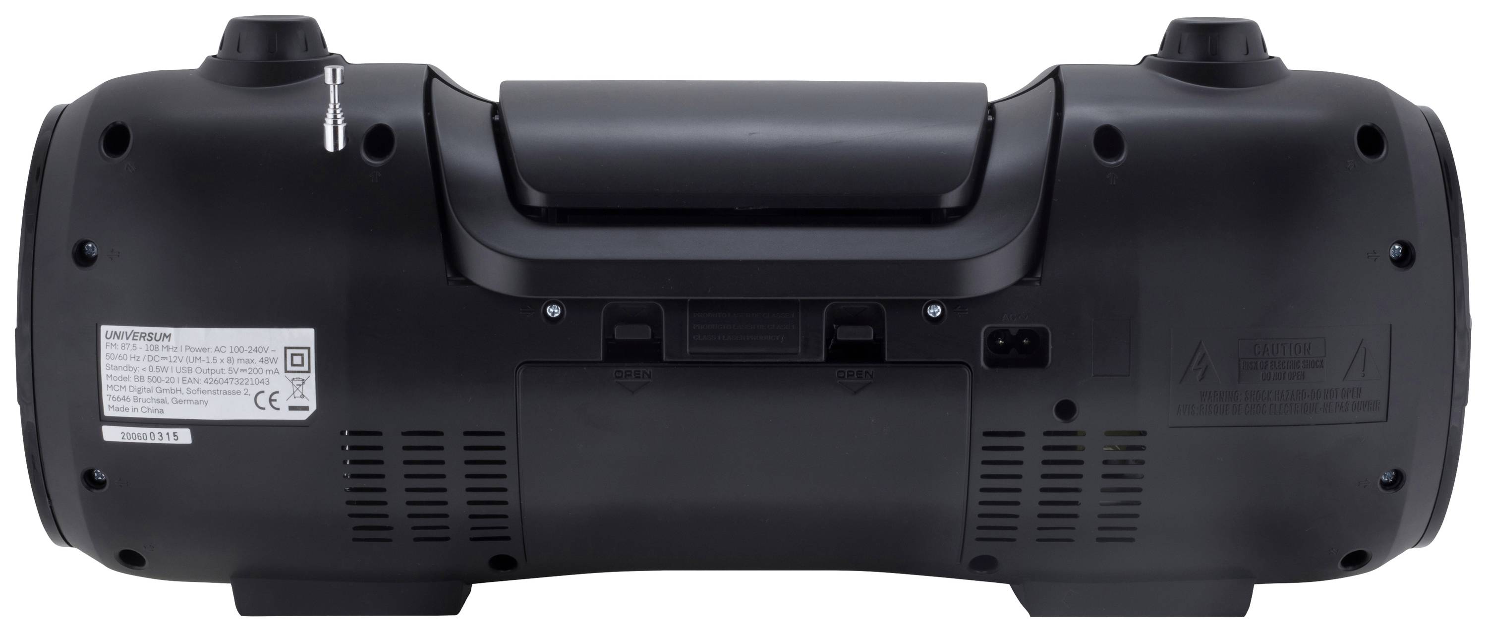 Rear view of a black portable radio showing controls and handle, with connection sockets and ventilation slots.