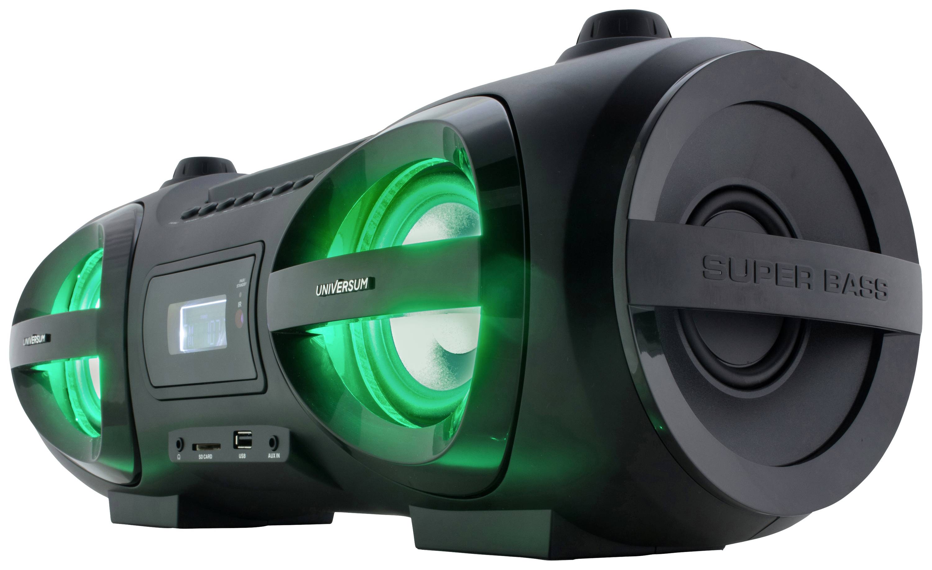 A black portable speaker with green illuminated lights in the speaker grilles. Brand name 'Universum' visible.