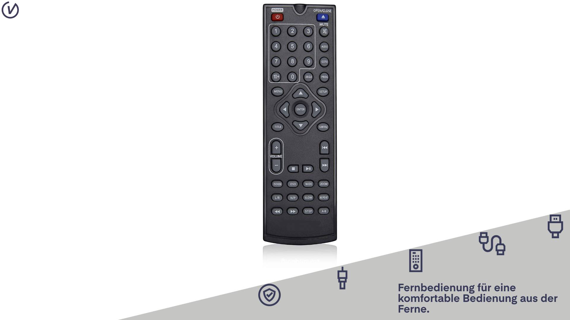 A black remote control with many buttons, including directional buttons in the centre. Text: 'Remote control for comfortable operation from a distance.'