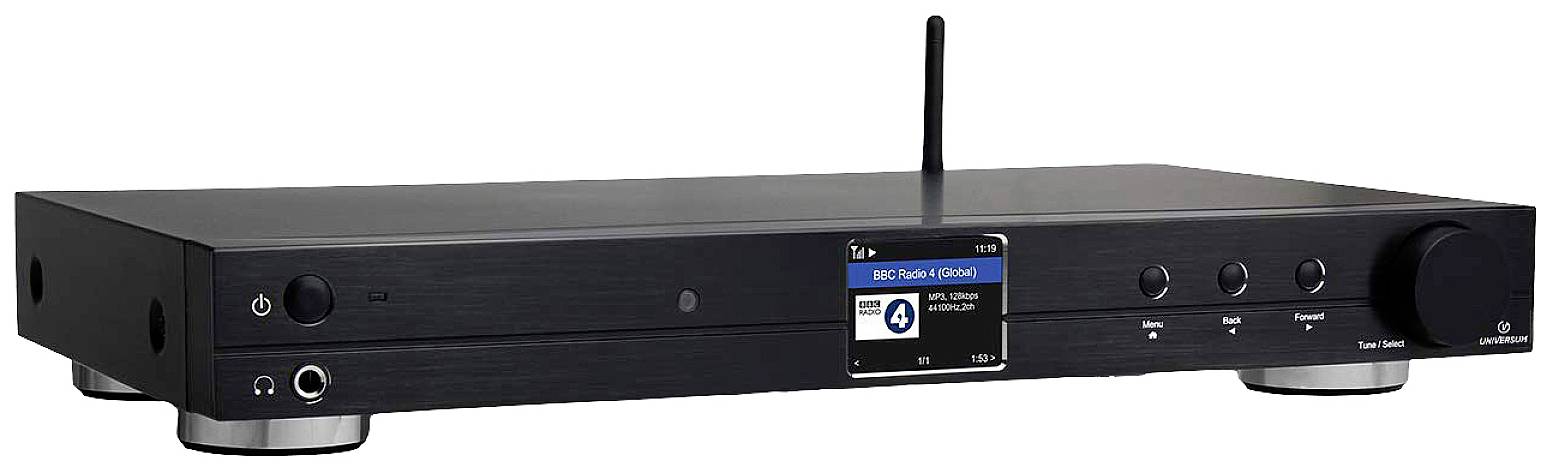 Black audio receiver with a small display in the centre, showing 'BBC Radio 6 Music'. Controls and antenna visible.