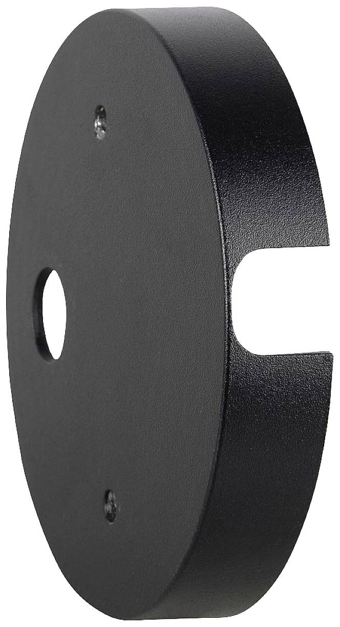 Round black metal disc with a central hole and two side recesses, most likely a component of mounting or fastening hardware.