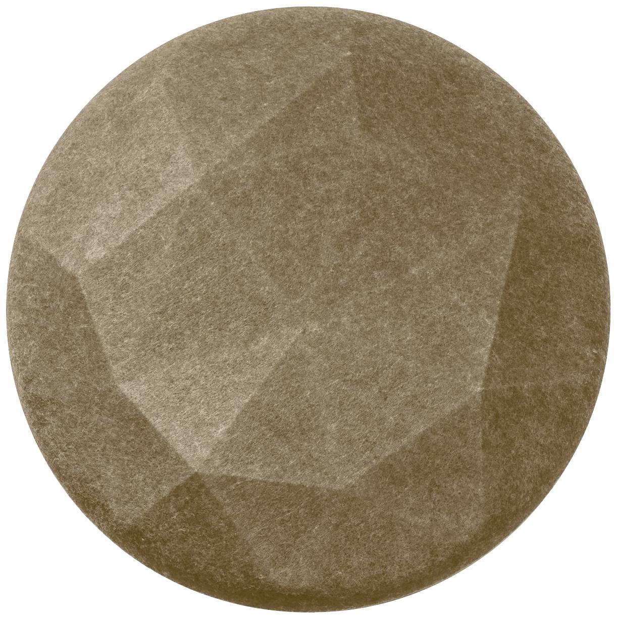 Brown round coin with geometric patterns.