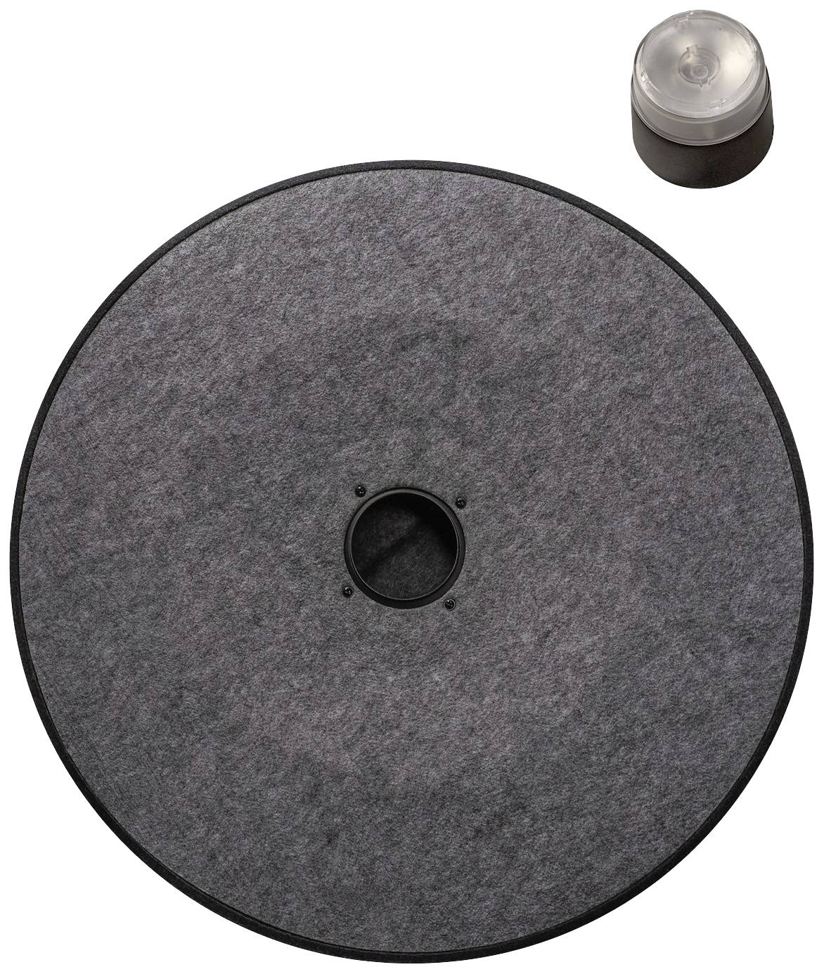 A grey, round felt mat with a central hole, next to a small, transparent lid.