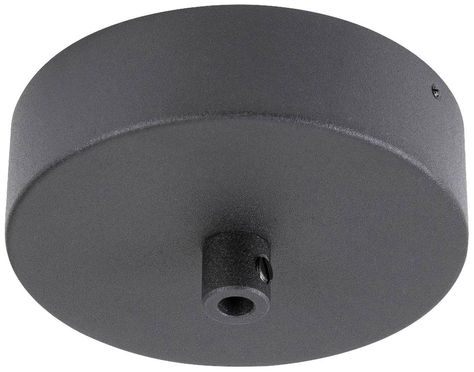 Flat, round, black ceiling rose with a central opening for cable connection, suitable for mounting pendant lights.