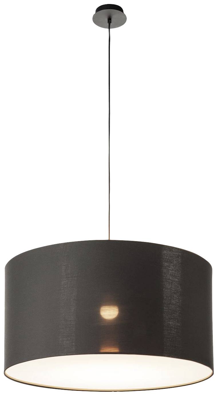 A black, cylindrical pendant light with visible bulb illumination, hanging from a thin cable attached to a ceiling fixture.