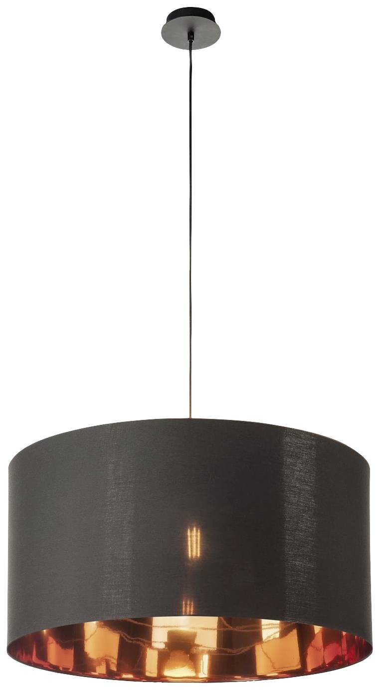 Black pendant light with a round lampshade, gold interior, hanging from the ceiling, illuminated.