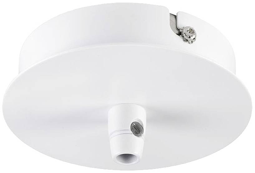 White, round ceiling light with a light projector in the centre, mounted on a metal base. Ideal for interior lighting.