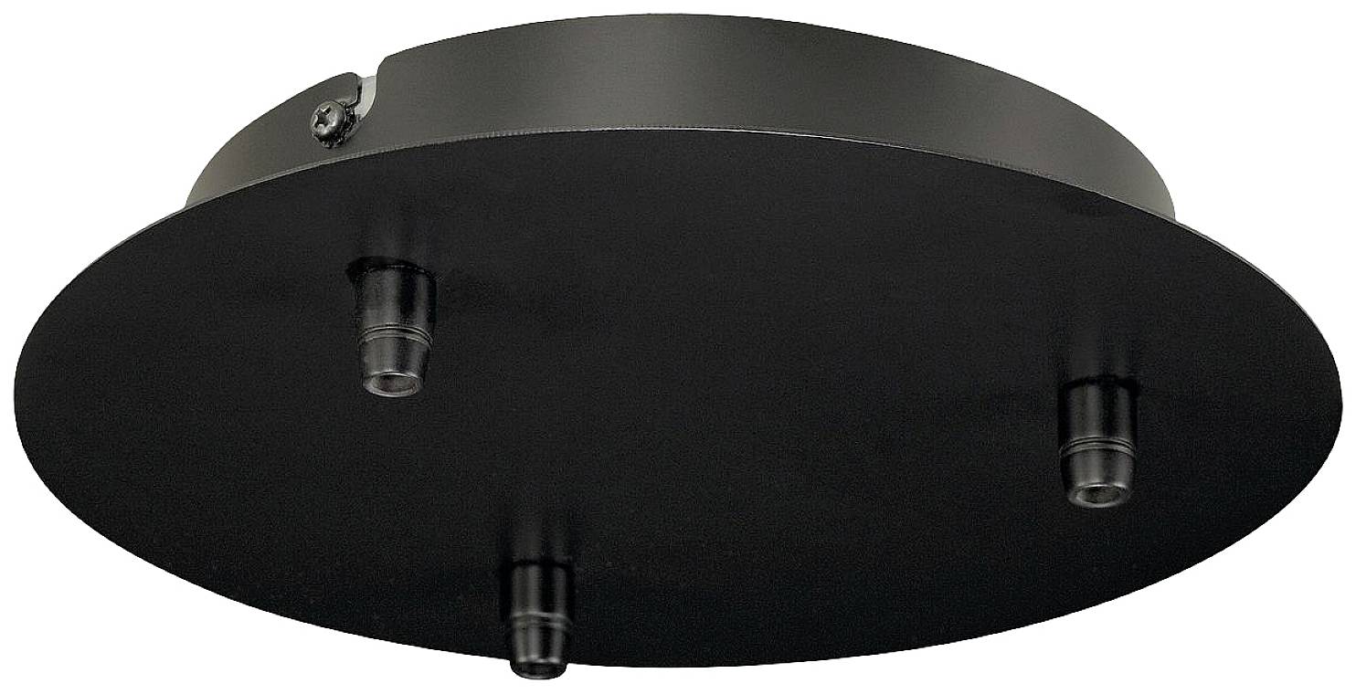 Round, black ceiling mount with three wall plugs for securing lamps, in a simple, modern design.