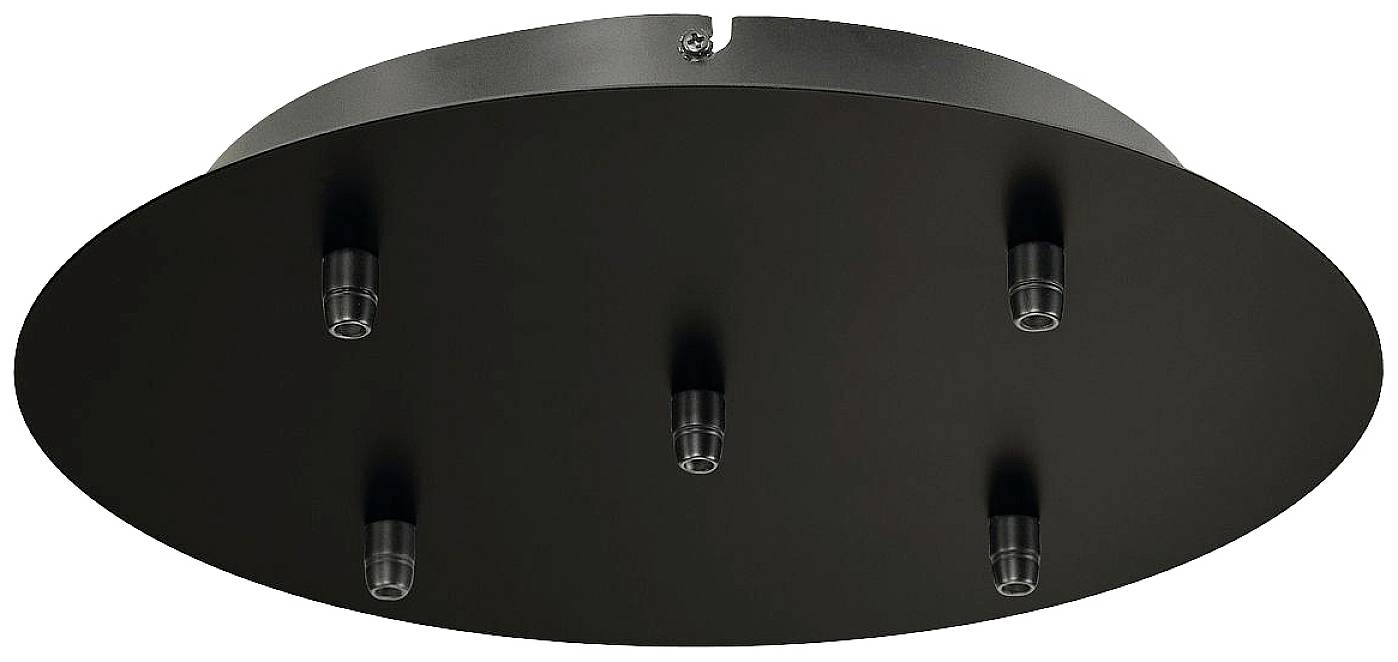 Black, round ceiling mount with five fixing points for lamp installations.