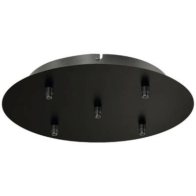 Black, round ceiling mount with five fixing points for lamp installations.