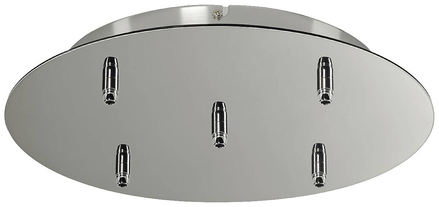 Round silver ceiling plate with five small, evenly distributed openings for mounting pendant lights or cables.