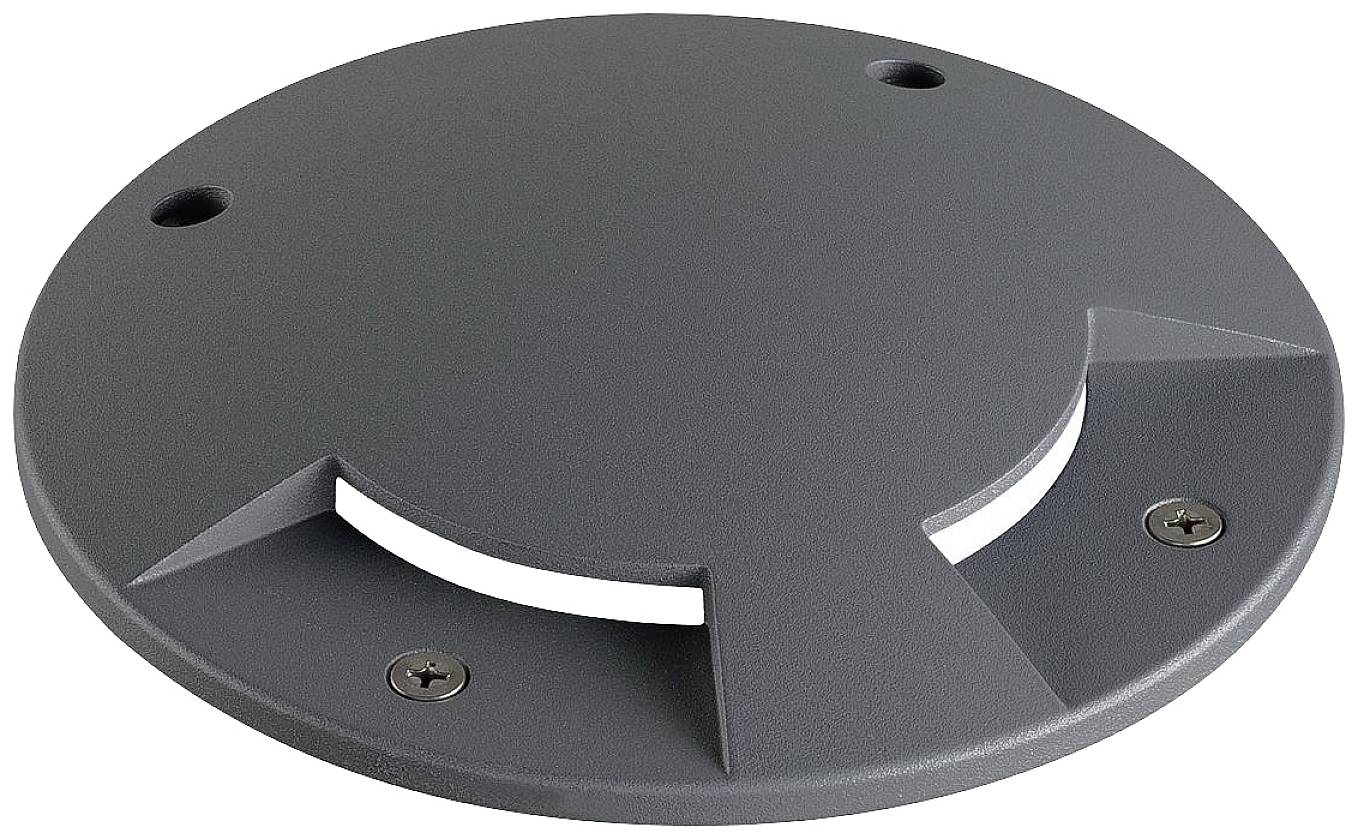 Round, grey external light with two light exit slots, demonstrates minimalist design for energy control and ambient lighting.