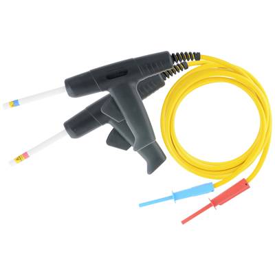 Two isolated cable testers with yellow cables and colour-coded tips, used for electrical voltage testing.