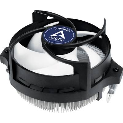 'Arctic Alpine 23' cooler with fan and heatsink. Black casing, white fan. Used for cooling computer processors.