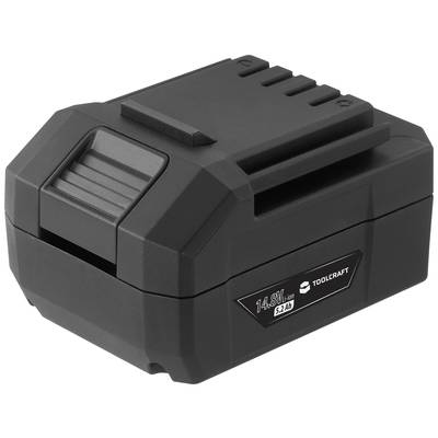 Black, rectangular battery by Toolcraft with the marking '14.4V, 3.2Ah Li-Ion', suitable for power tools.