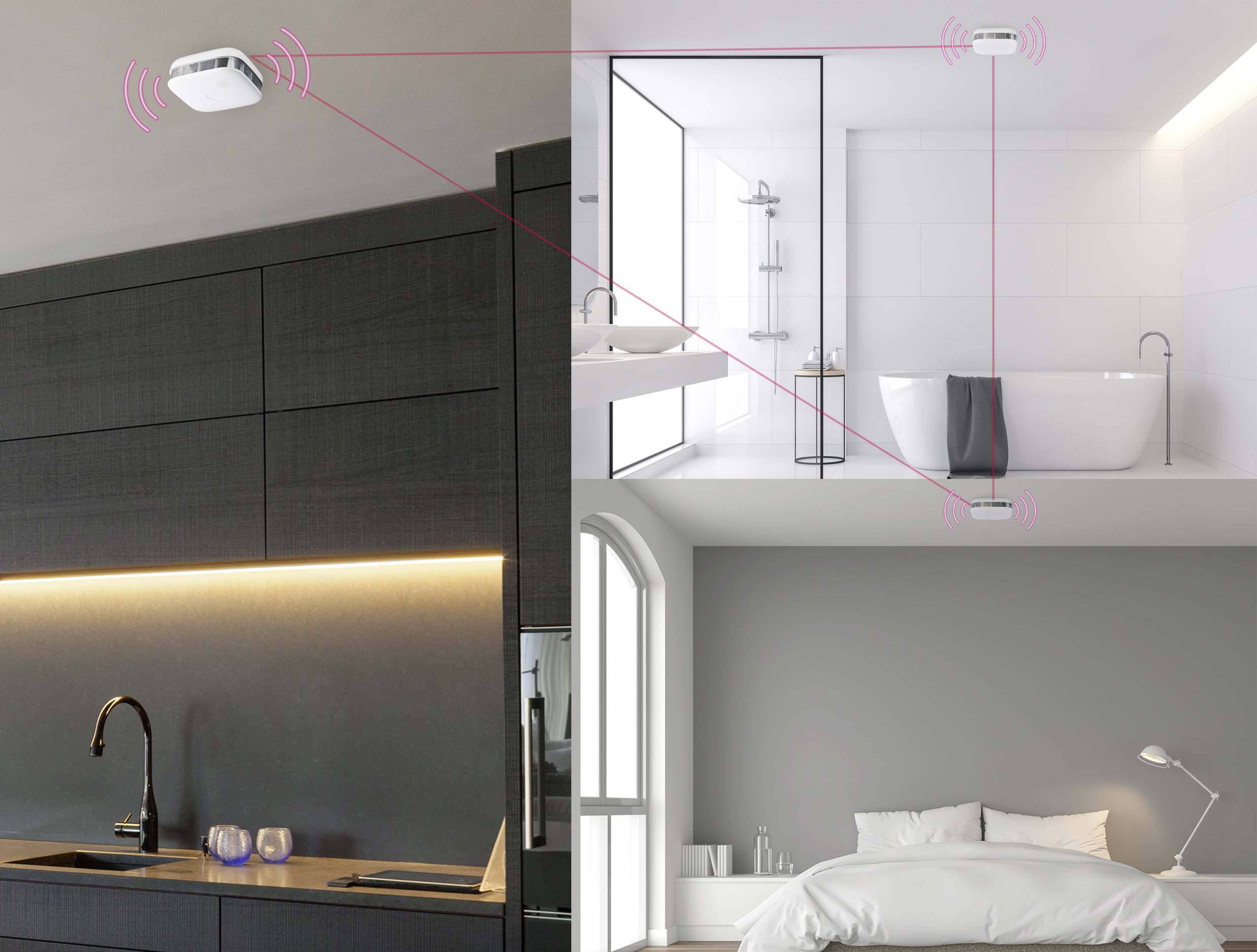 'A flat with a smoke detector that is wirelessly connected to devices in the bathroom and bedroom.'