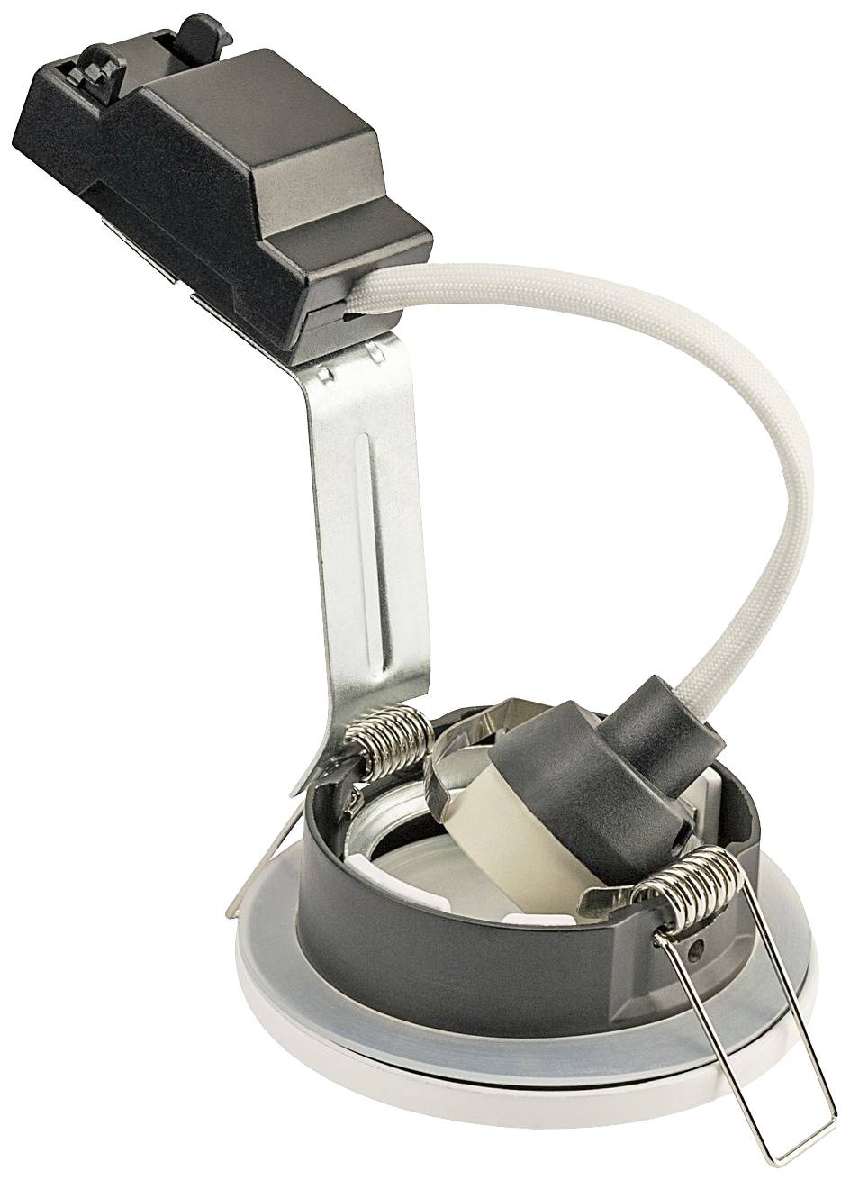 Recessed light fitting with cable and mounting bracket, suitable for ceiling installations. Metallic housing with springs for securing.
