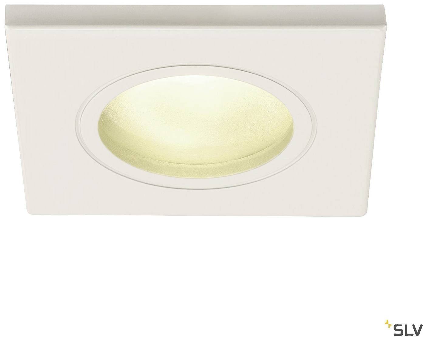 Square, white recessed light with a round, illuminated centre; modern, minimalist design. Suitable for ceiling mounting.