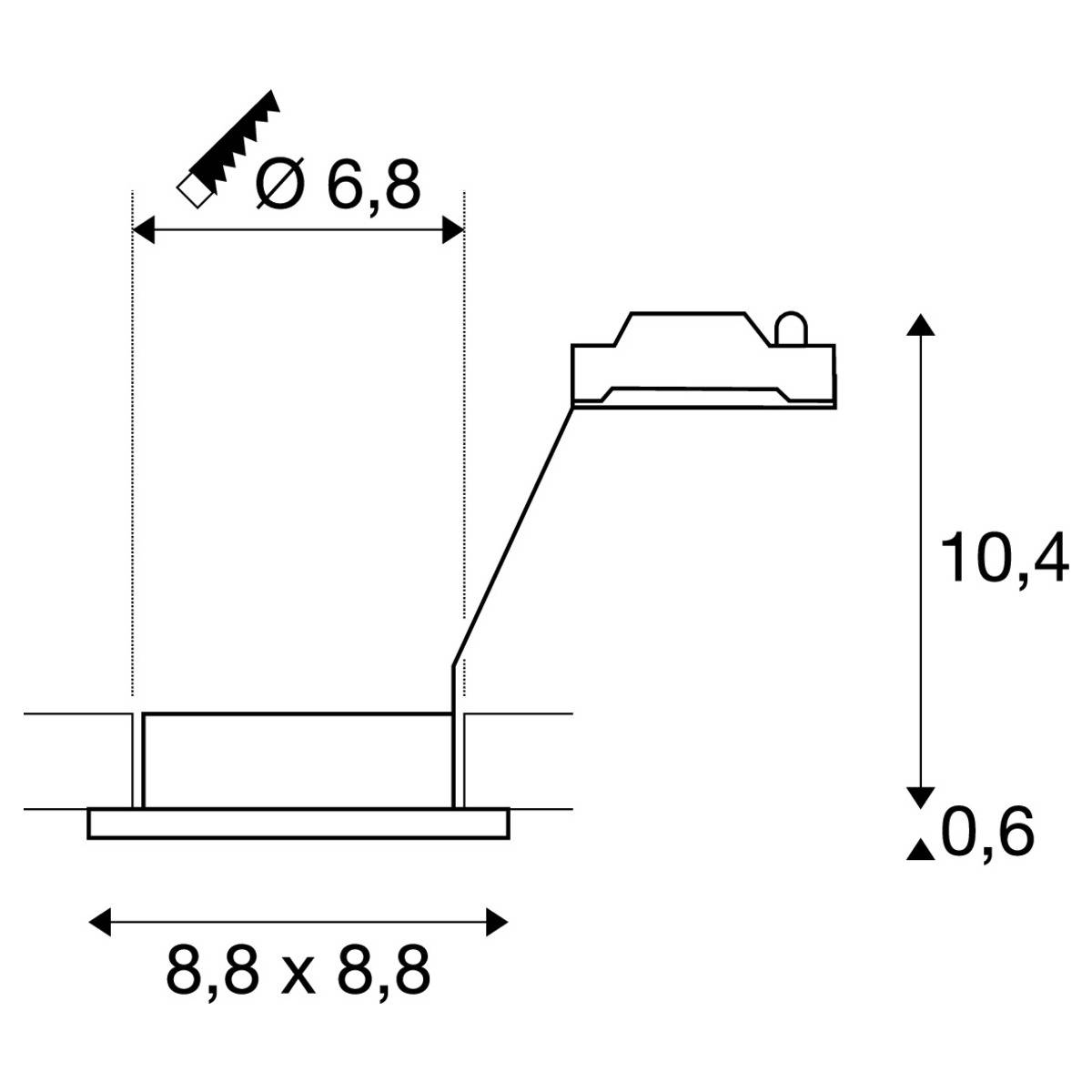 Technical drawing of a rectangular component. Dimensions: 8.8 x 8.8 cm, height 10.4 cm. Hole diameter at top: 6.8 mm.