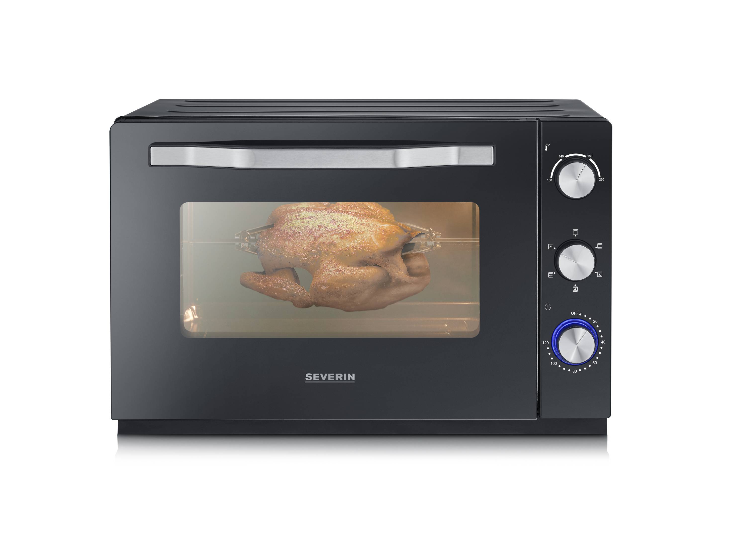 A black oven with a roast chicken inside. The oven has three dials and a window through which you can see the chicken.