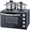 Electric mini oven with two hob rings, four control knobs and two pots on top. Brand: Severin.
