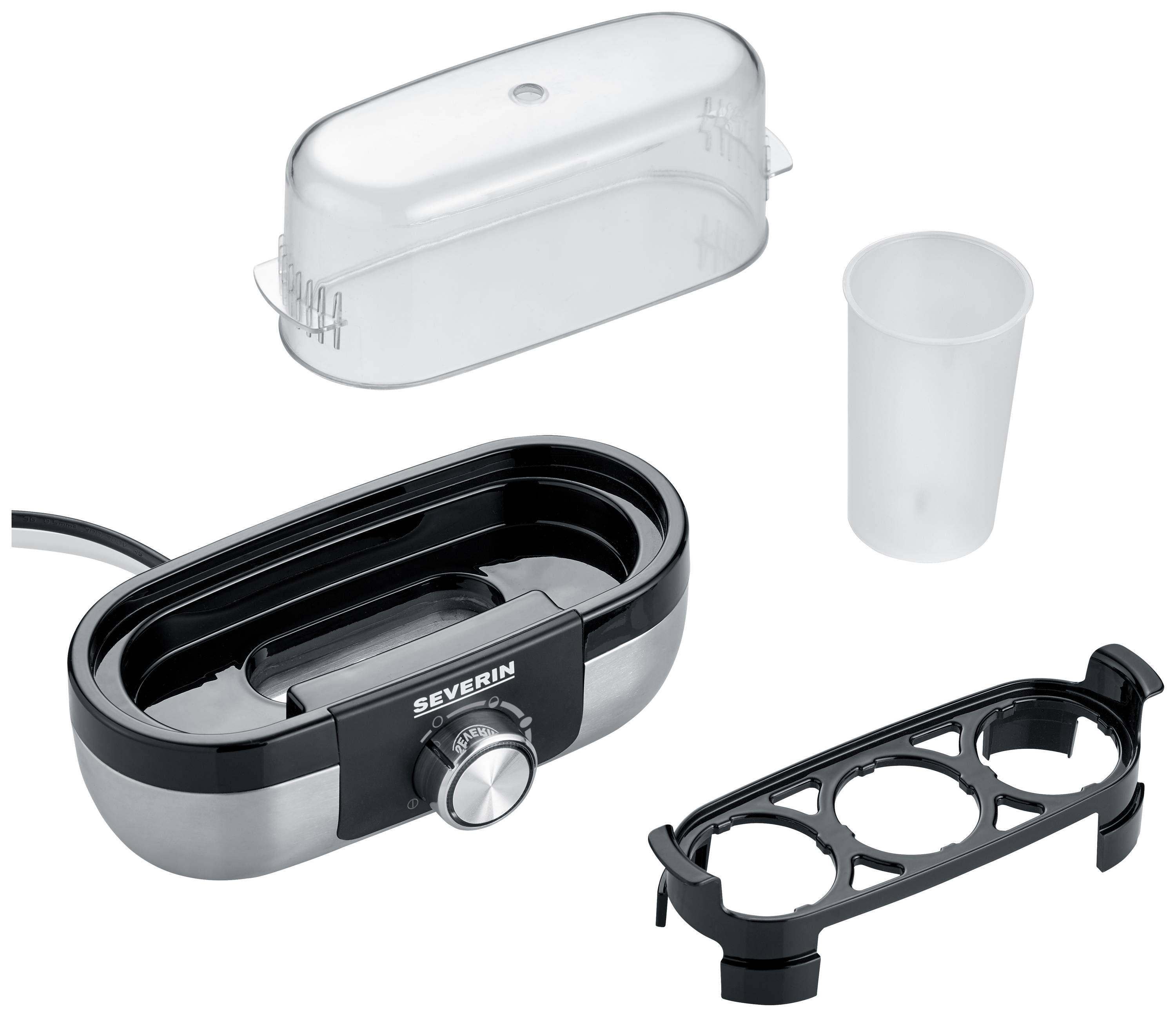 An egg cooker set with a control element in the centre, transparent lid, three egg holders and a measuring cup.