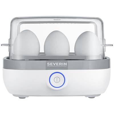 Electric egg boiler with three eggs.