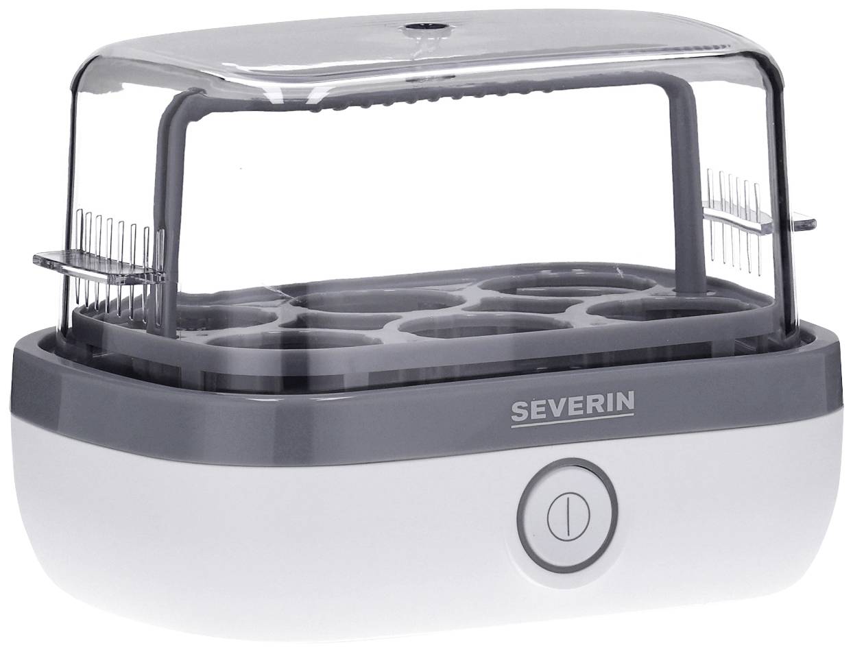 An egg cooker with six egg compartments and a transparent lid, by Severin, equipped with a start button on the front.