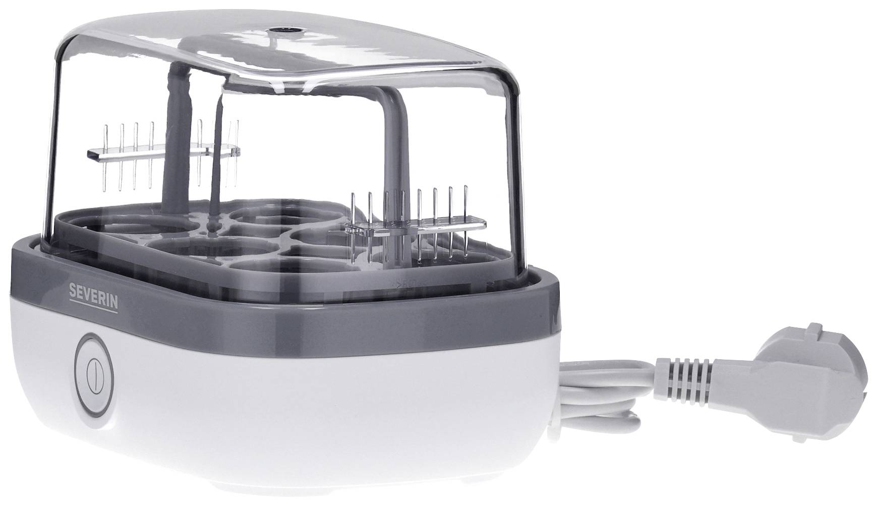 A white egg boiler with a transparent lid and grey base; six egg holders inside; electrical cable attached.