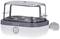 A white egg cooker with a grey rim and transparent lid, suitable for cooking multiple eggs simultaneously.