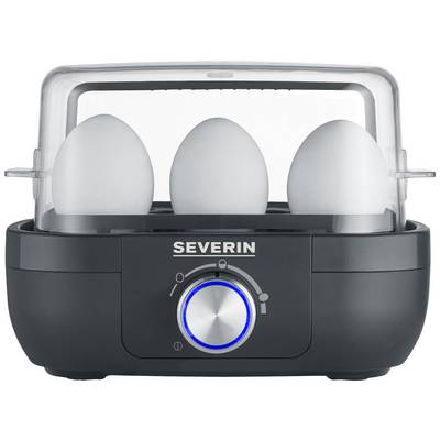 A black egg cooker by Severin with three eggs, a transparent lid, a central control button, and an illuminated ring.