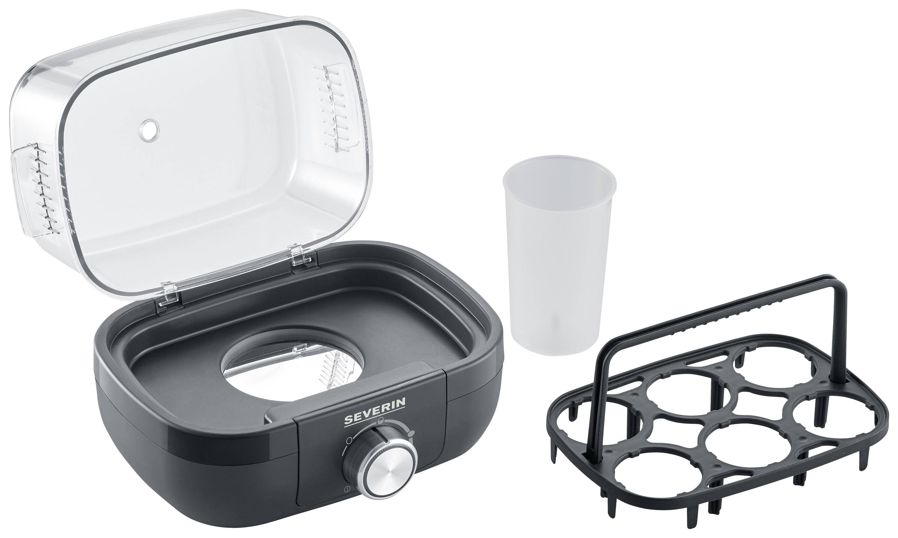 An electric egg cooker by Severin with an open lid, measuring cup, and separate egg holder for six eggs.