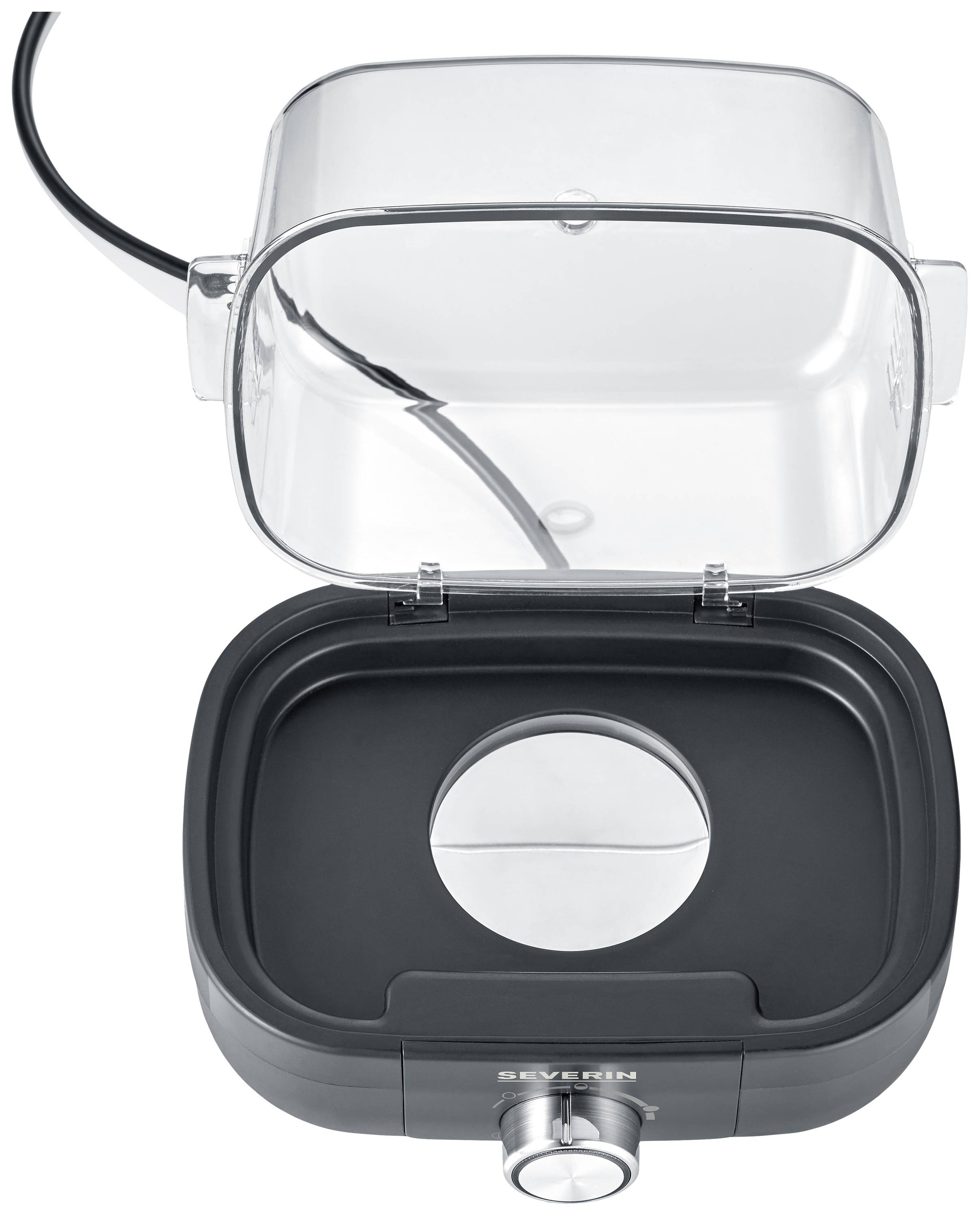 A grey barbecue with an open lid, a round silver heating element in the centre, and a control knob at the front.