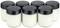 Seven white yoghurt jars with black lids are arranged in two rows, four at the front and three at the back, on a table.